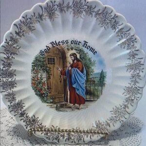 Vtg Jesus God Bless Our Home Plate Christ Knocking At The Door 1st Ed. 22K Gold
